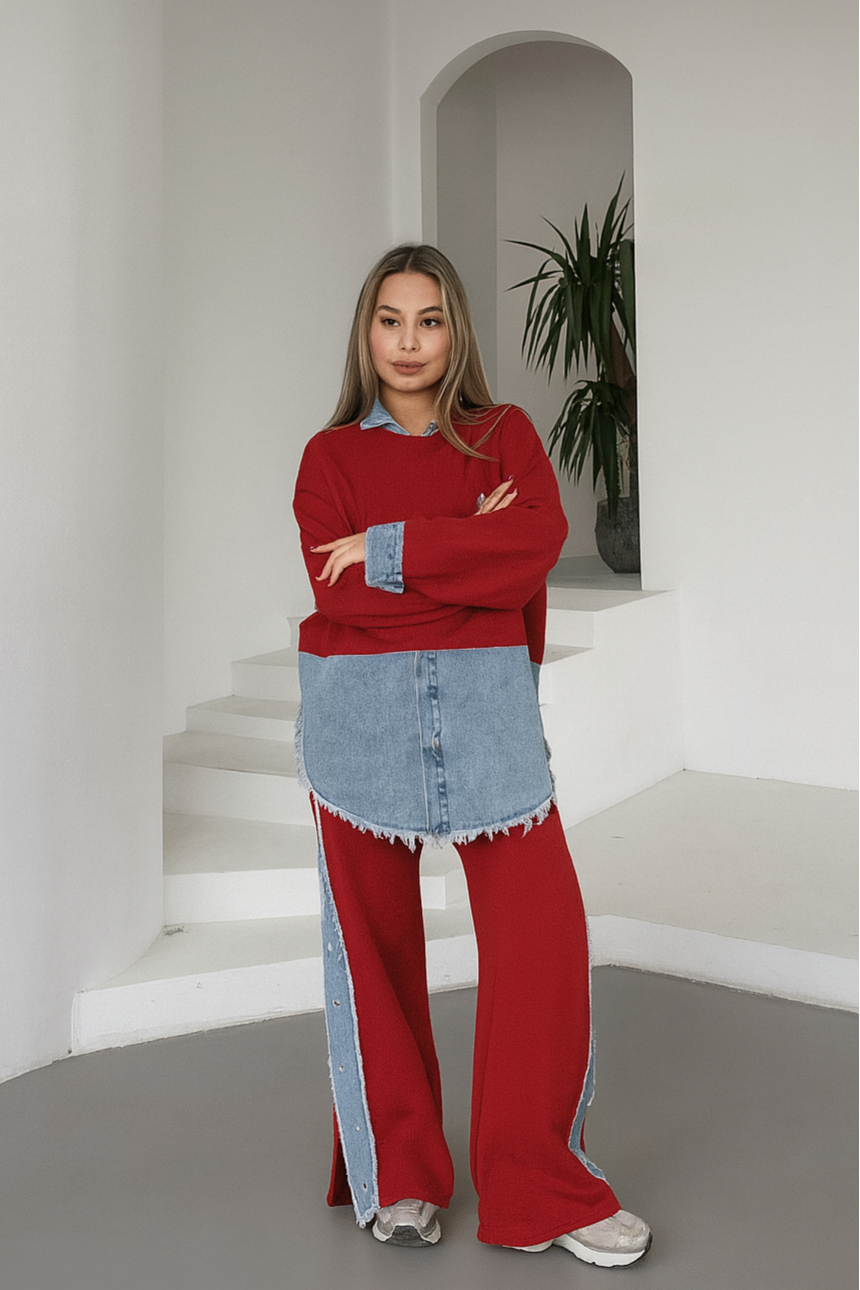 Malia Knitted Soft Denim Co-ord Set In Maroon