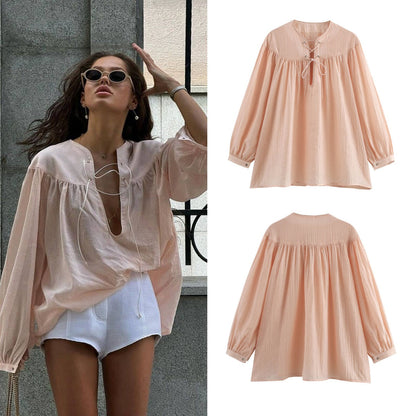 Elara Lace-Up Oversized Summer Top In Peach