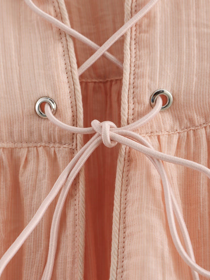 Elara Lace-Up Oversized Summer Top In Peach
