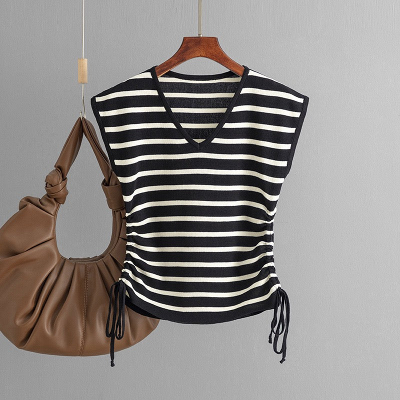 Norie Striped Knit Summer Top In Black