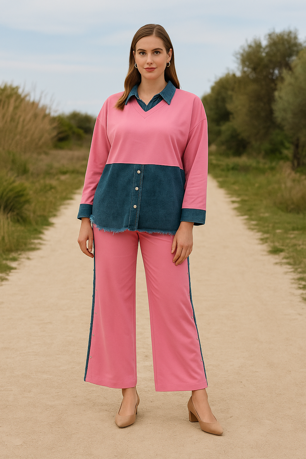 Malia Knitted Soft Denim Co-ord Set In Pink