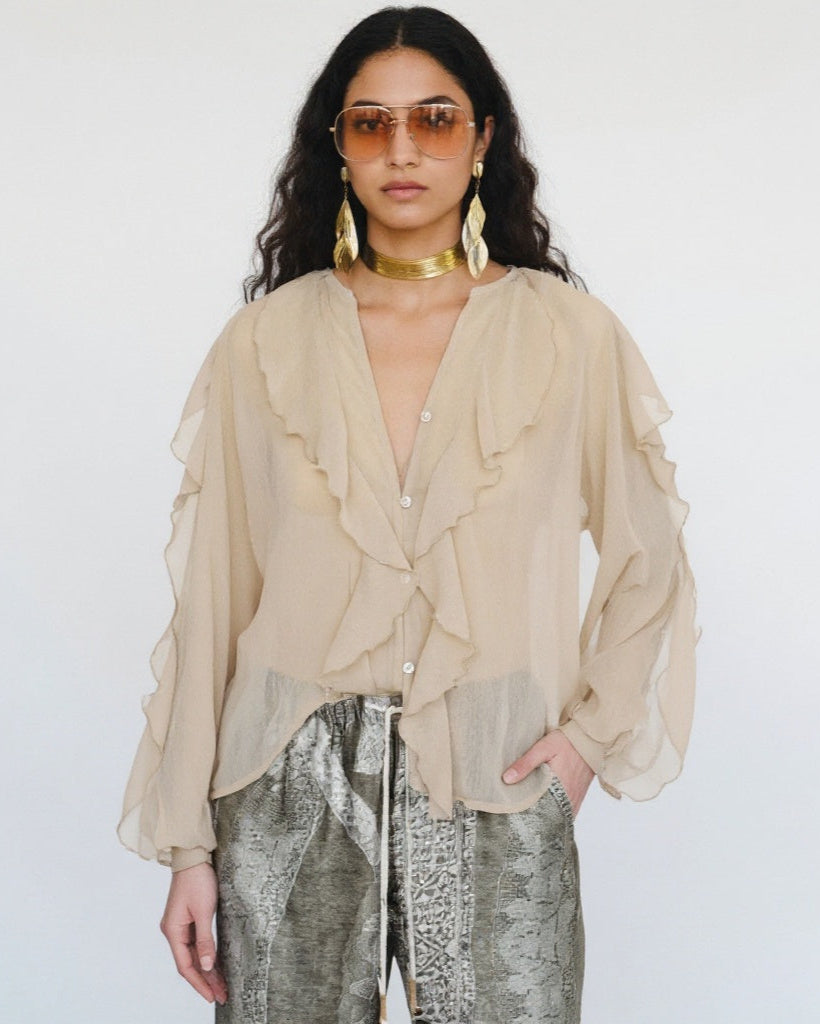 Saga Organza Ruffled Top In Beige