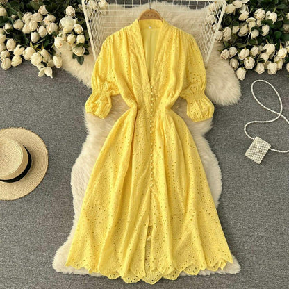 Luna Summer Cotton Eyelet Dress In Yellow