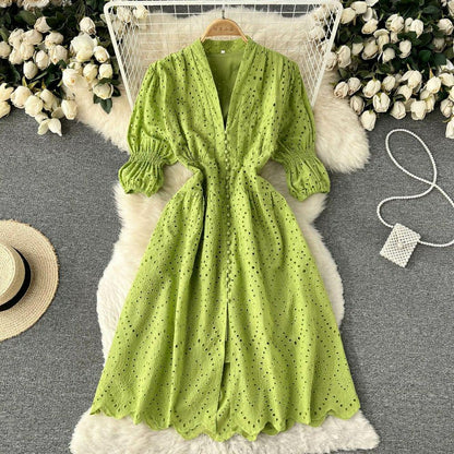 Luna Summer Cotton Eyelet Dress In Green