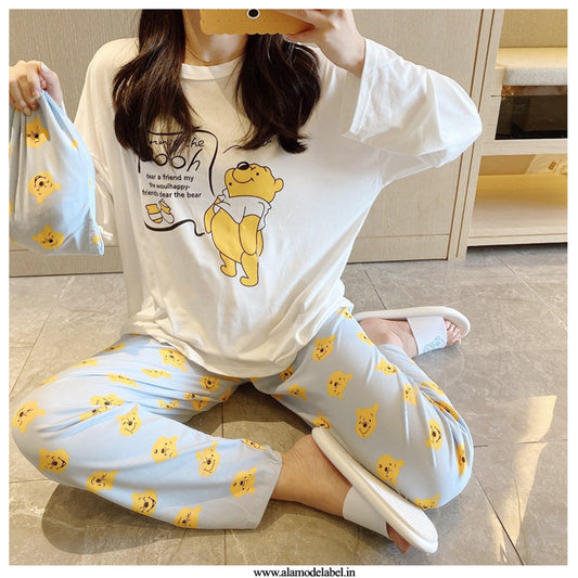 Iris Set of Cotton Nightsuit with Bag In Light Blue