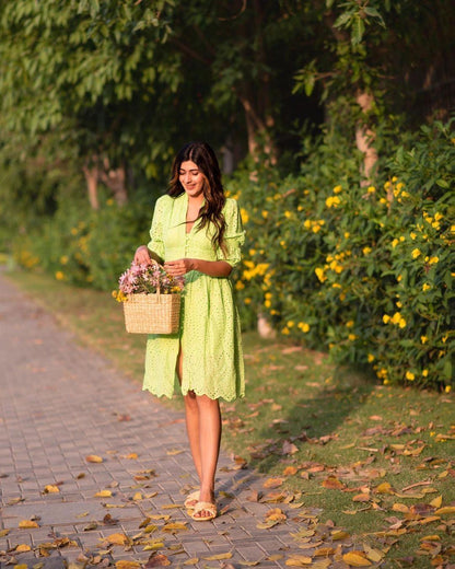 Luna Summer Cotton Eyelet Dress In Green