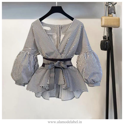 Luxury Bubble Sleeve Top with Pants - Striped