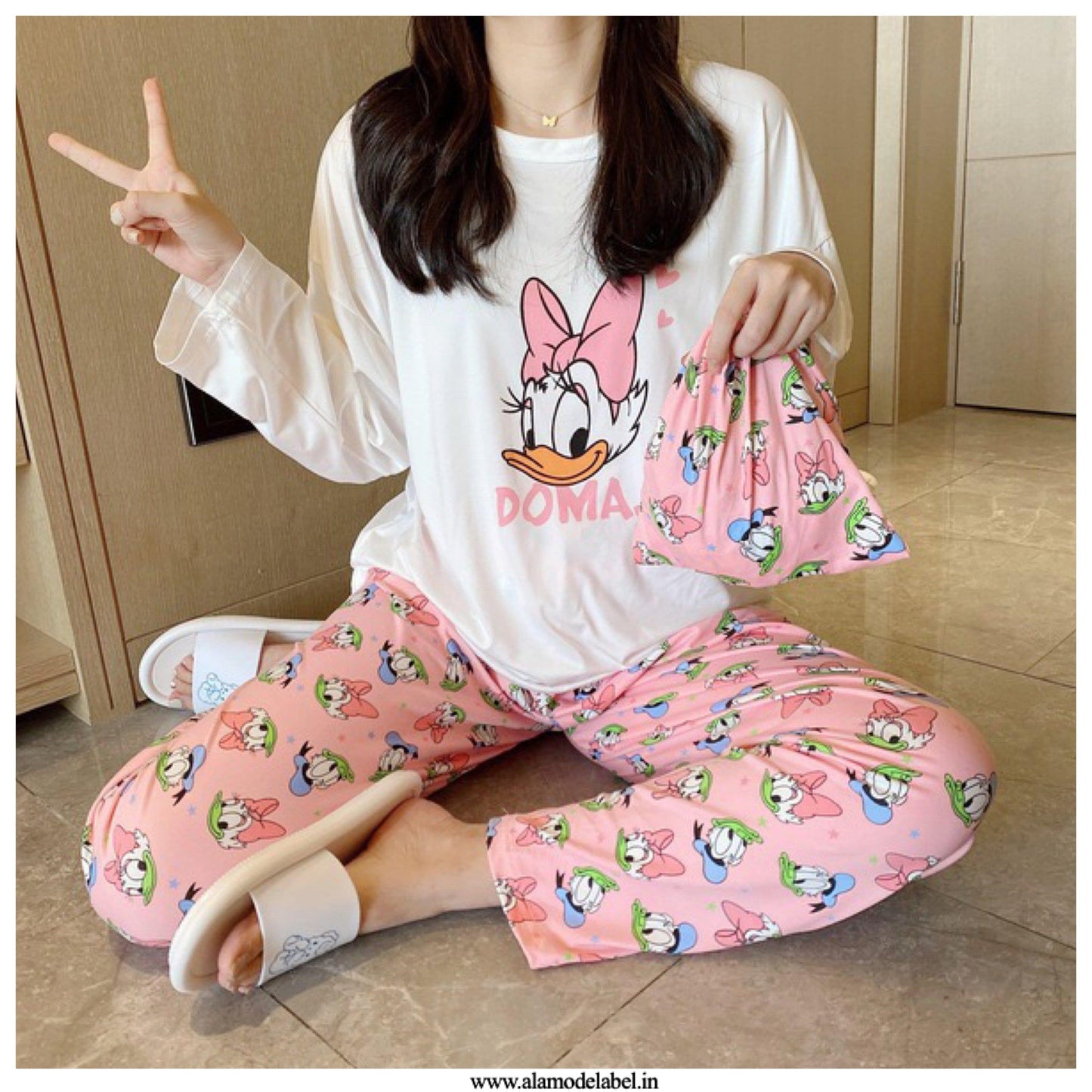 Iris Set of Cotton Nightsuit with Bag In Pink